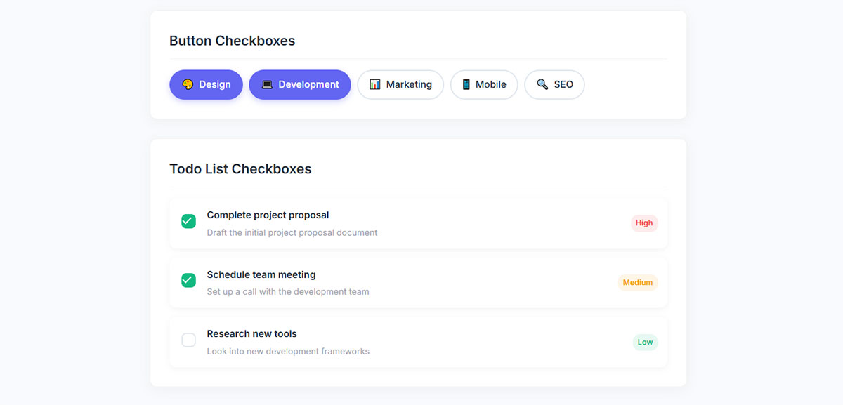 radio button and checkboxes