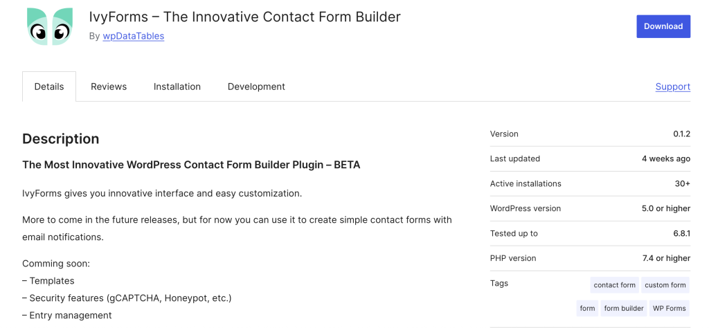 ivyforms beta version on wordpress.org screenshot