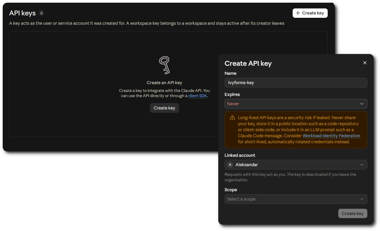 Create API key dialog in the Anthropic console