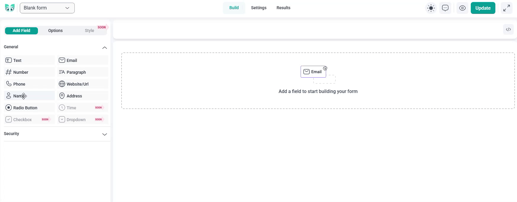 IvyForms builder showing a field being dragged from the left panel into the form area.