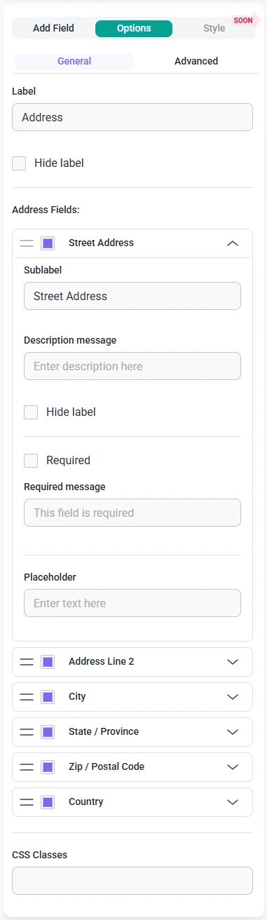 Address field options in IvyForms showing editable subfields for address components.