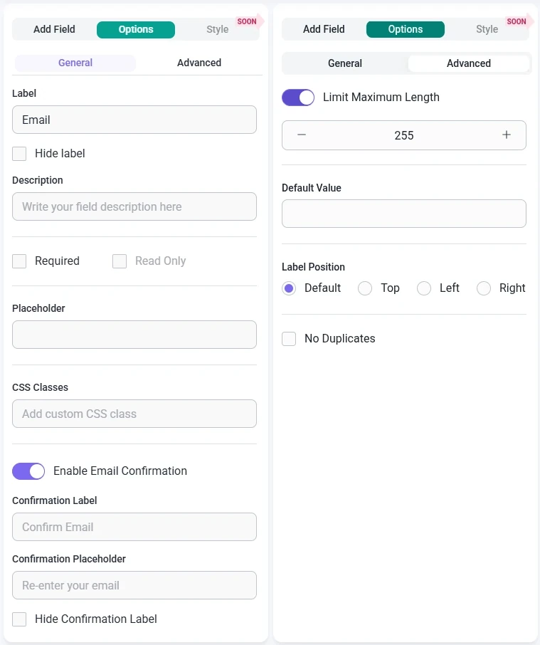 Email field options in IvyForms with Email Confirmation enabled.