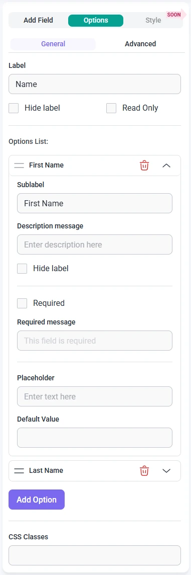 Name field options in IvyForms showing multiple name subfields.