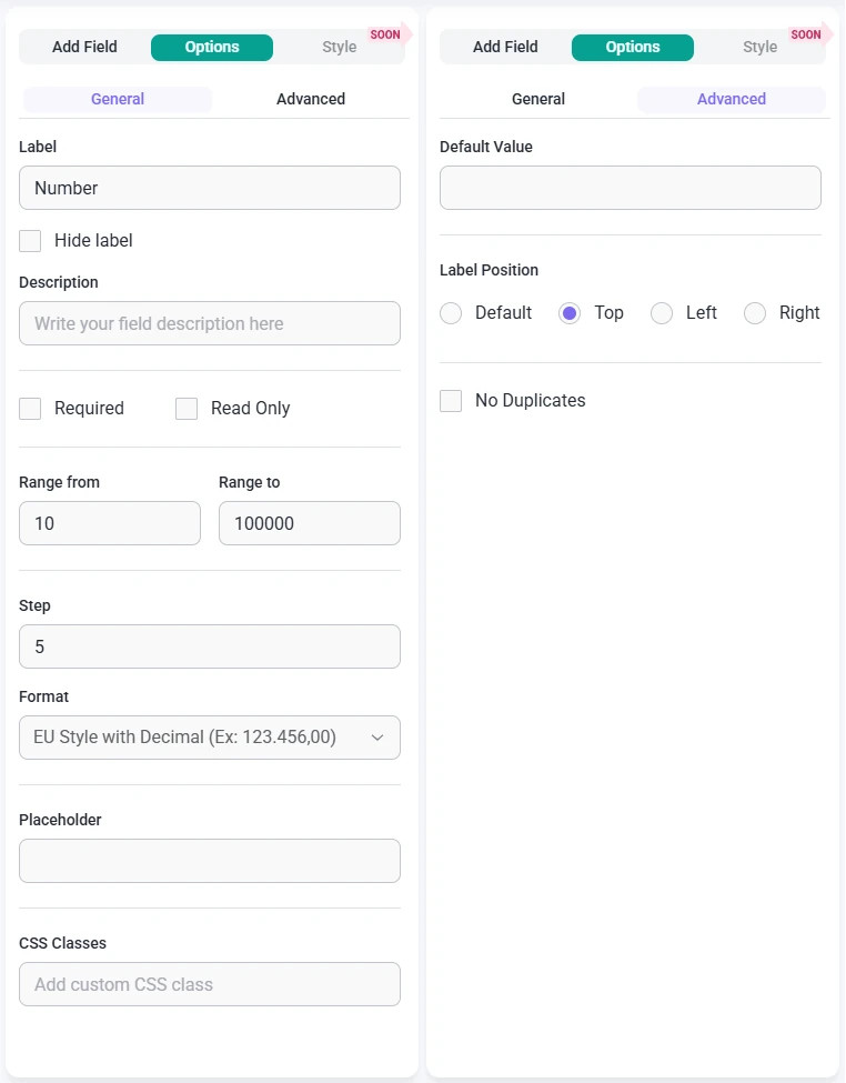 Number field options in IvyForms showing range, step, and format settings.