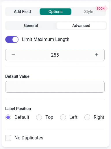 Advanced options tab in IvyForms showing default value, label position, and no duplicates options.