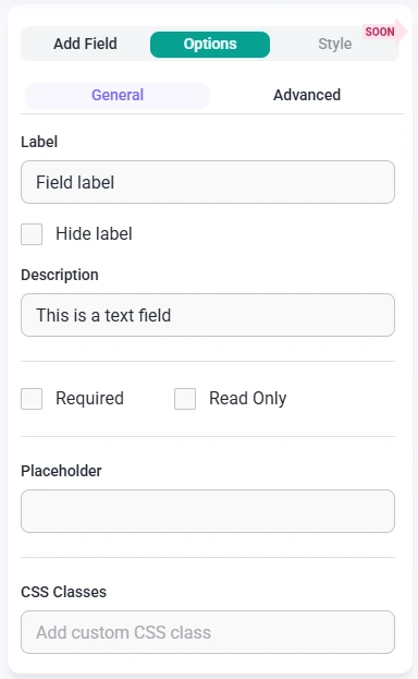 General options tab in IvyForms showing label, description, required, read-only, placeholder, and CSS class settings.