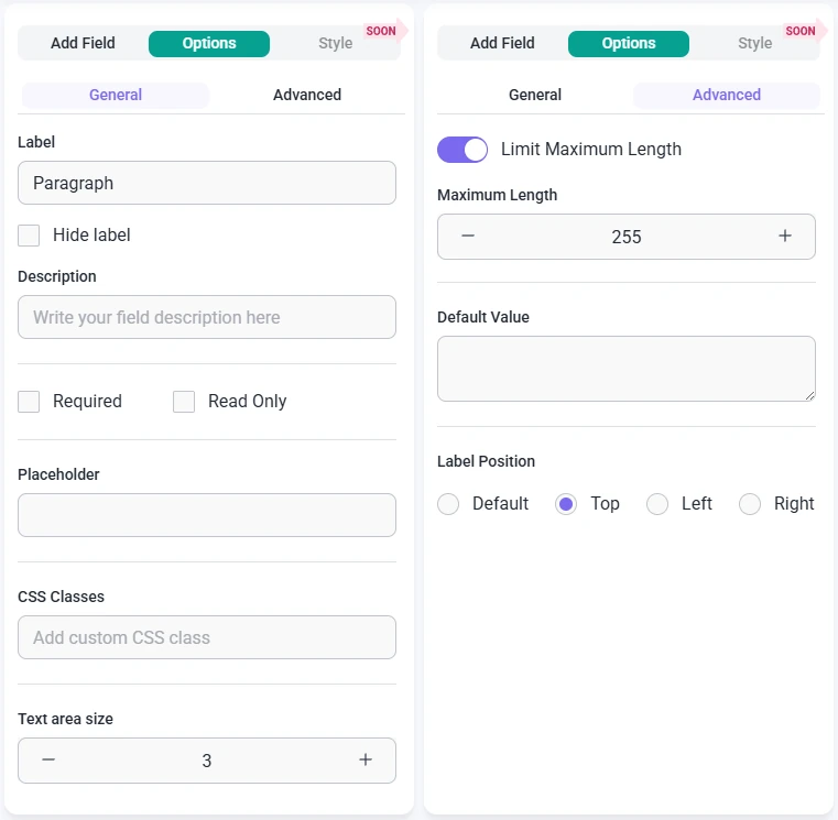 Paragraph field options in IvyForms showing adjustable text area size.