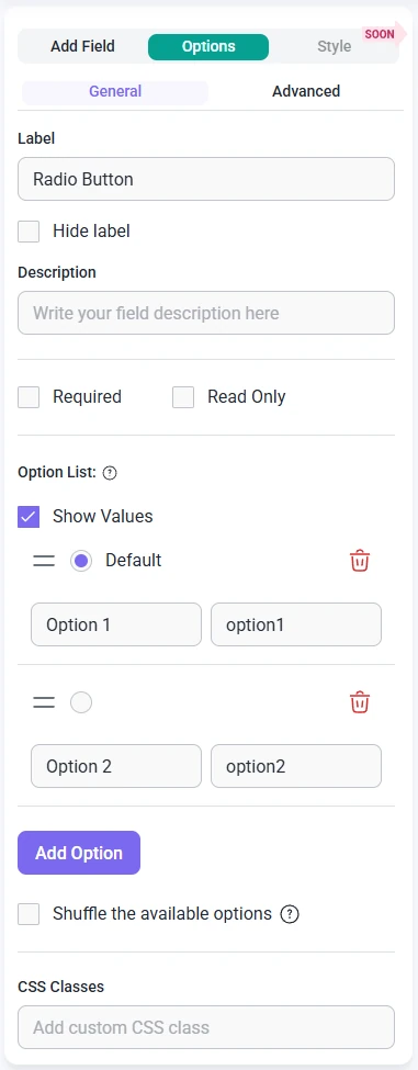 Radio button field options in IvyForms showing option list and shuffle toggle.