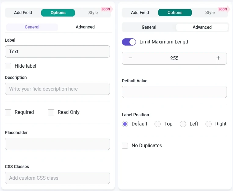 General and Advanced options for the Text field in IvyForms.