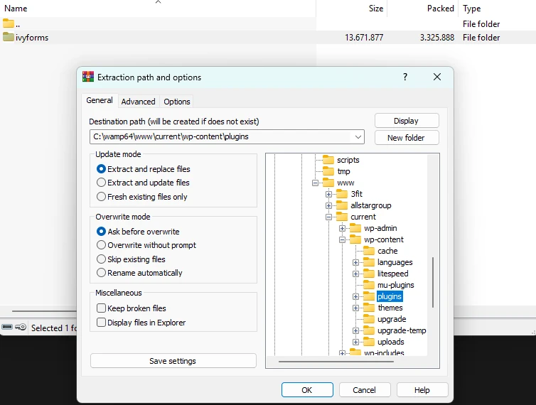 FTP client view showing ivyforms folder uploaded to the wp-content/plugins directory.