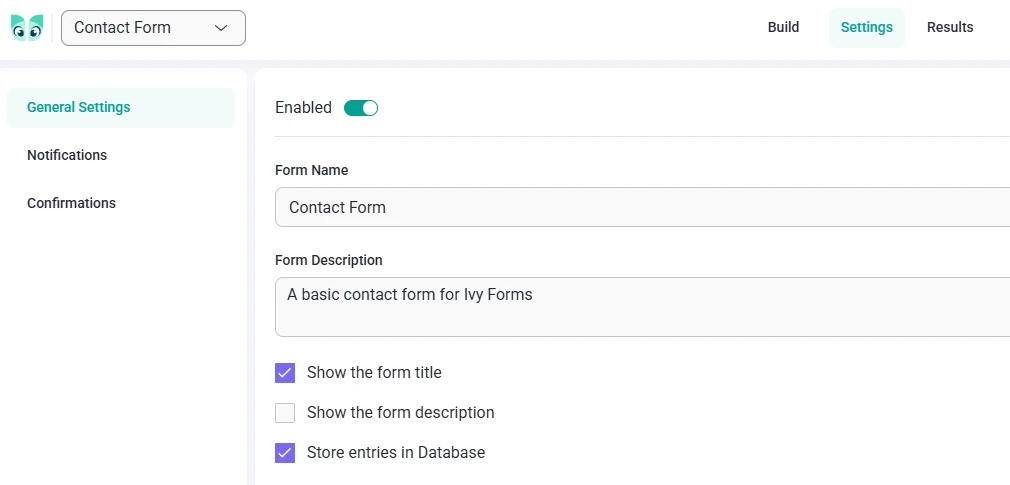 General Settings tab in IvyForms showing options for form name, description, and entry storage.