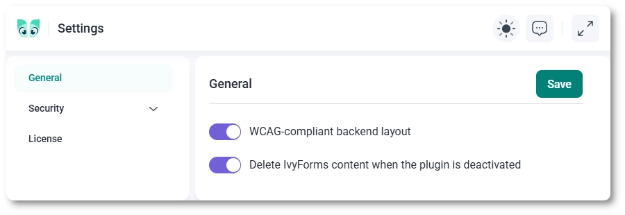 IvyForms General settings showing WCAG-compliant layout and the content deletion sliders enabled