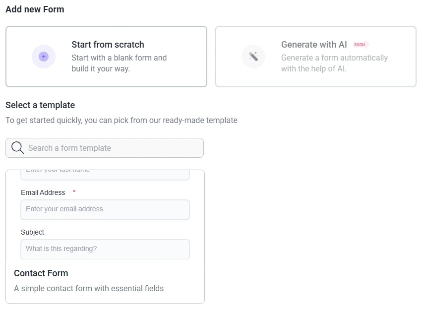 Popup in IvyForms offering options to start from scratch, use a template, or generate with AI.