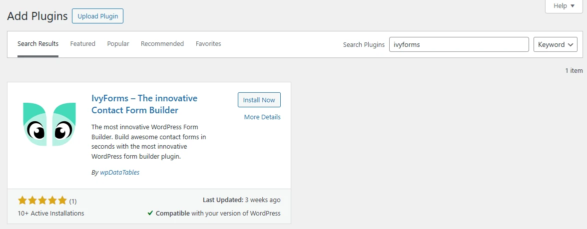 WordPress Plugin Directory showing IvyForms plugin found by searching IvyForms.