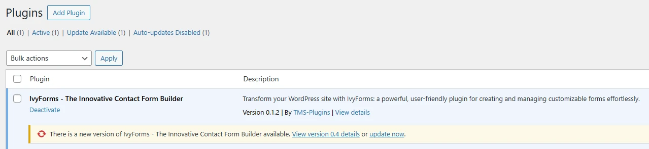 WordPress Plugins page showing the Update Now button for IvyForms.