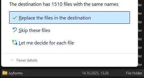 Example of updating IvyForms by replacing the plugin folder in WordPress installation files.