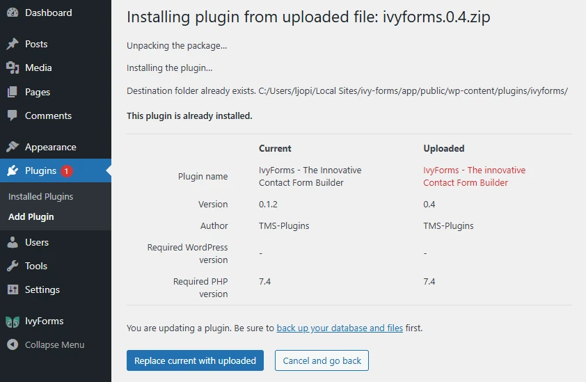 WordPress Upload Plugin screen with ivyforms.zip selected for manual update.