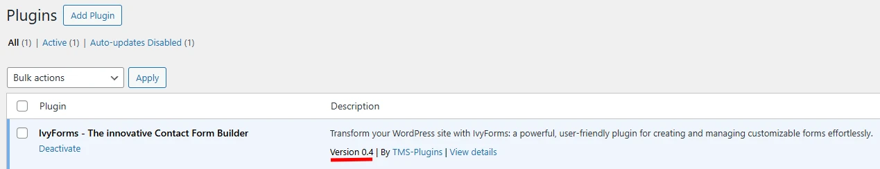 WordPress Plugins screen showing the IvyForms version number after successful update.