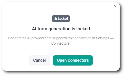 IvyForms popup explaining that AI form generation is locked