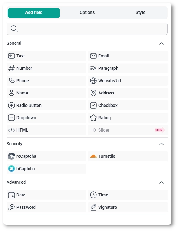 IvyForms form builder showing general, security, and advanced field groups in the left panel