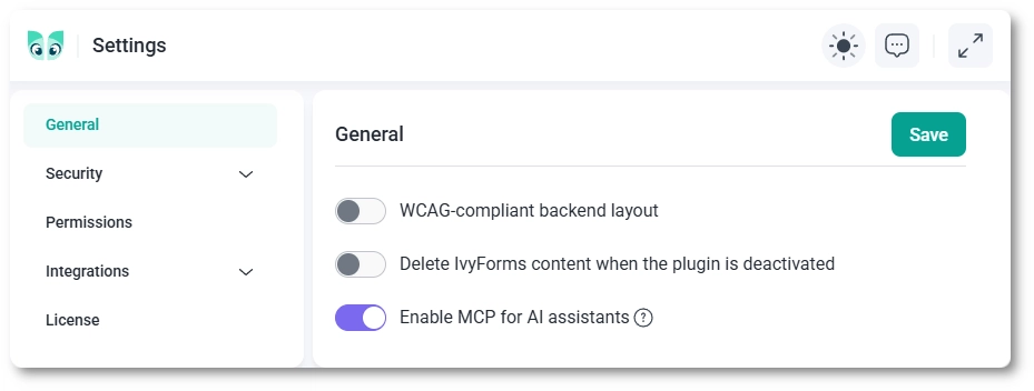 General settings toggles for WCAG layout, content deletion, and MCP in IvyForms