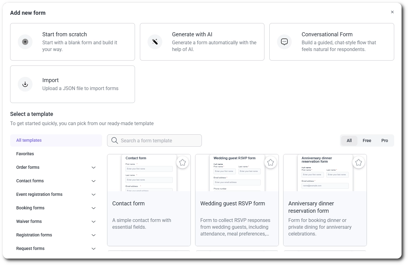 Popup in IvyForms offering options to start from scratch, use a template, generate with AI, or import