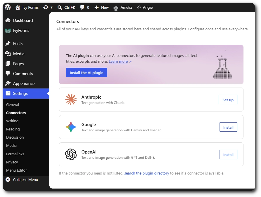 WordPress Connectors page with the Anthropic Set up button