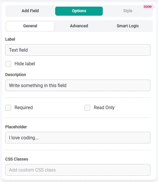 General options tab for the Text Field in IvyForms showing label, description, required, read-only, placeholder, and CSS class settings.