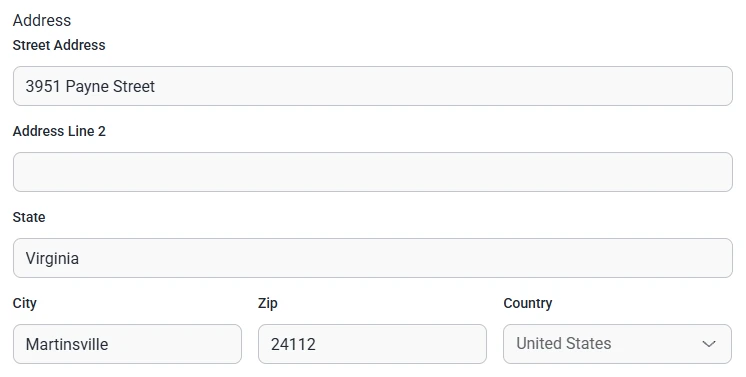 Front-end view of an Address field in an IvyForms form showing multiple address lines.