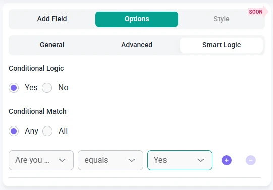 Smart logic settings for the Address field in IvyForms showing conditional match options and rule configuration.