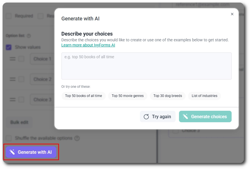 Describe your choices dialog for generating checkbox options with AI
