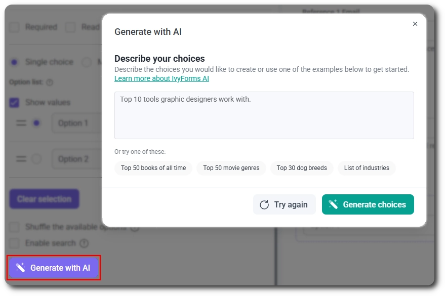 Describe your choices dialog for generating dropdown options with AI