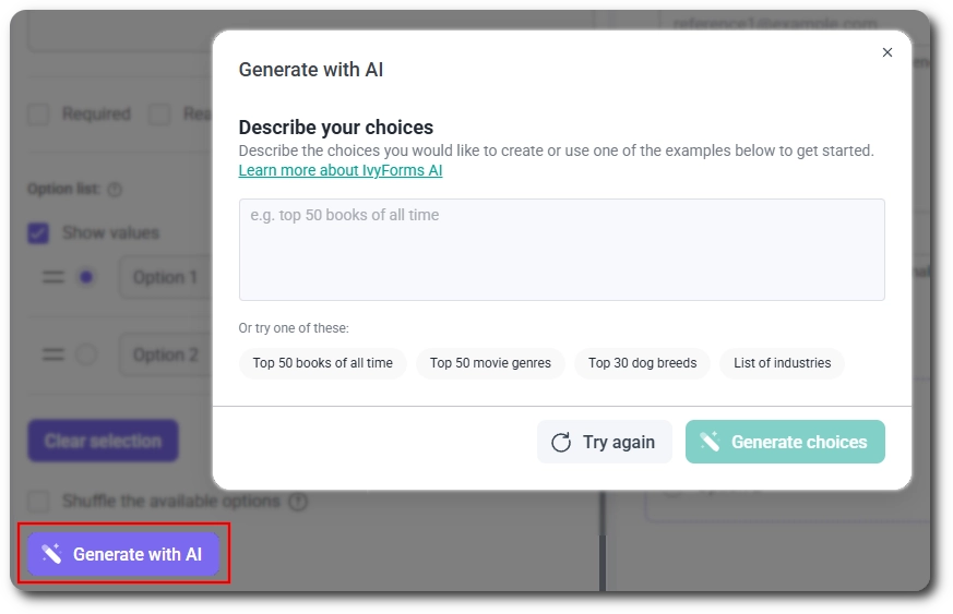 Describe your choices dialog for generating radio options with AI