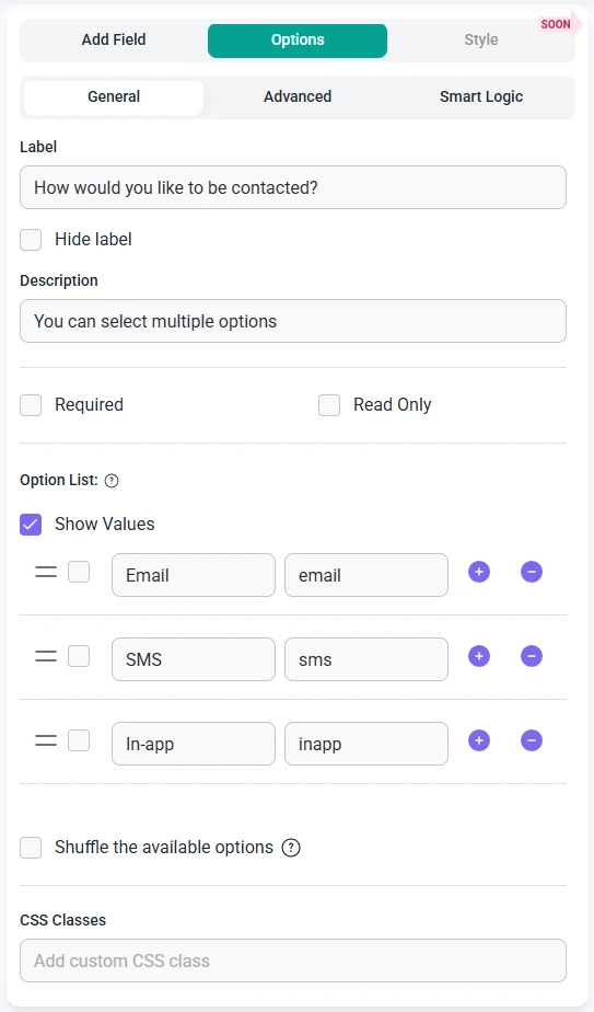 General options for the Checkbox field in IvyForms showing label, required, option list, and shuffle settings.