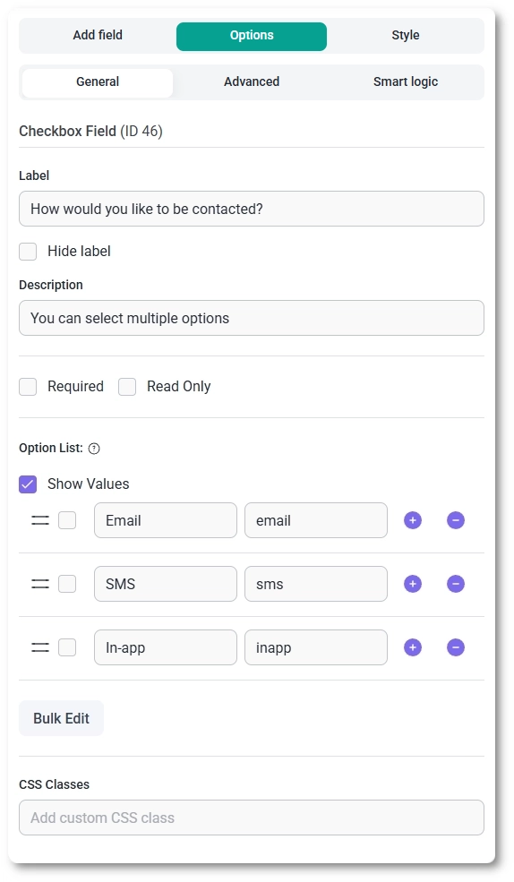 General options for the Checkbox field in IvyForms showing label, required, option list, and shuffle settings
