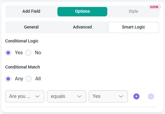 Smart logic settings for the Checkbox field in IvyForms with conditional match options.