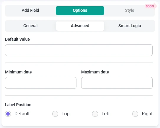 Advanced options for the Date field in IvyForms showing default value, minimum date, maximum date, and label position.