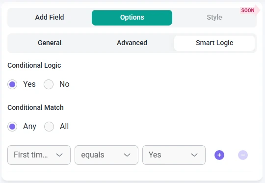 Smart logic settings for the Date field in IvyForms showing conditional match options and rule configuration.
