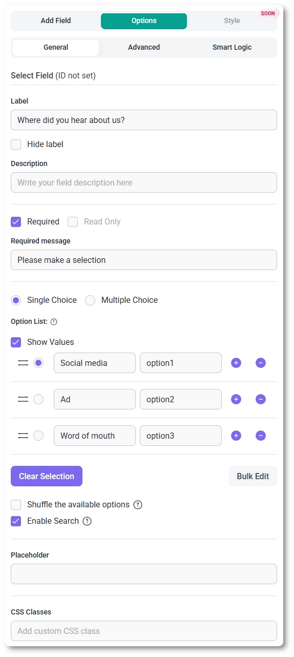 General options for the Dropdown field in IvyForms showing label, required, option list, search, shuffle, and selection type settings