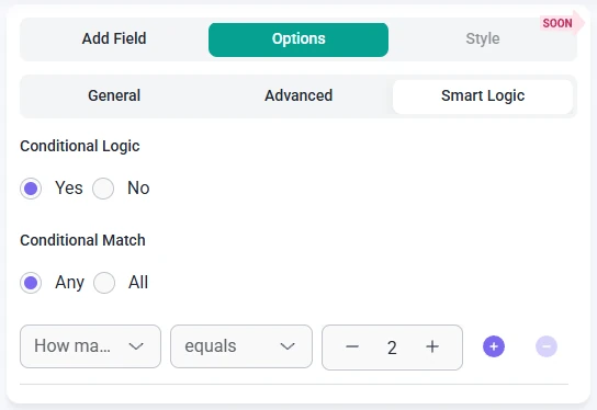 Smart logic settings for the Dropdown field in IvyForms showing conditional match and rule configuration options.