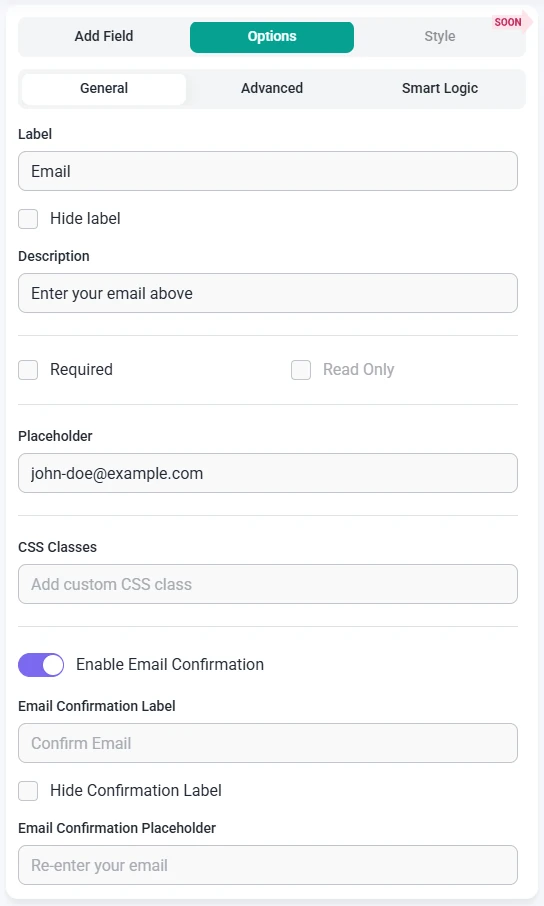 General options tab in IvyForms showing label, description, required, read-only, placeholder, and CSS class settings for the Email field.