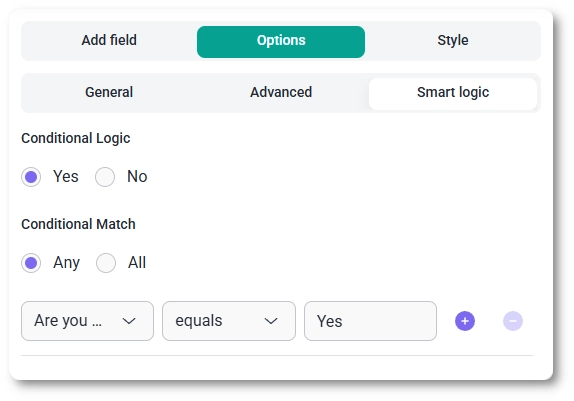 Smart logic settings for the Email field in IvyForms showing conditional match options