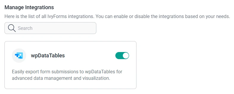 Global IvyForms integrations page showing wpDataTables integration toggle enabled.
