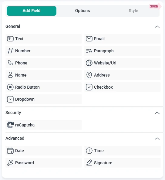 IvyForms form builder showing general, security, and advanced field groups in the left panel.
