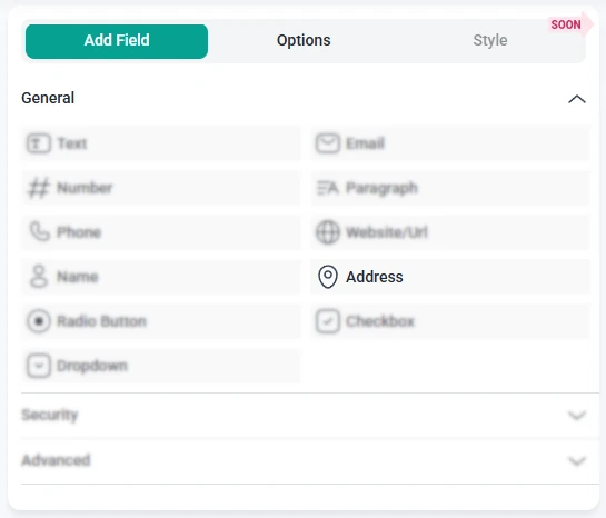 IvyForms field list with the Address field highlighted and other fields grayed out in the panel.
