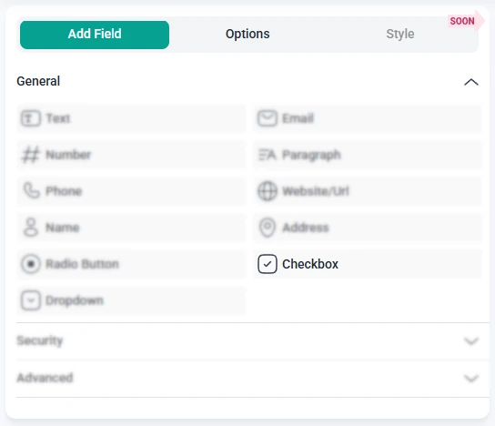IvyForms field list with the Checkbox field highlighted and other fields grayed out in the panel.