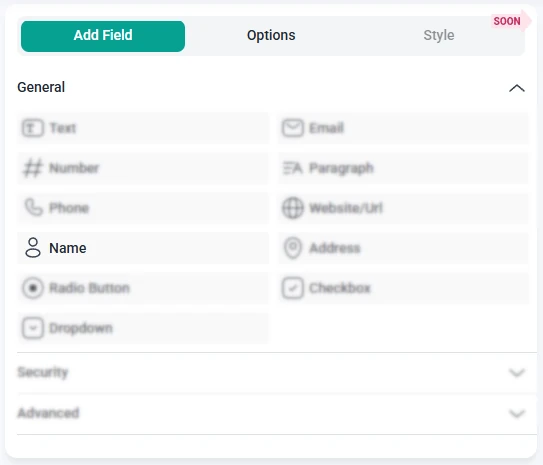 IvyForms field list with the Name field highlighted and other fields grayed out in the panel.