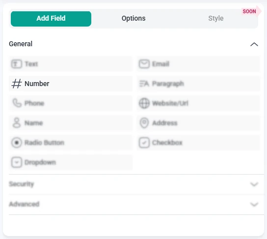 IvyForms field list with the Number field selected and other fields grayed out.