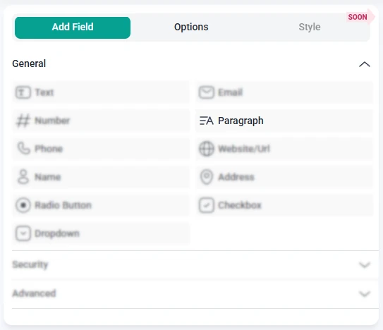 IvyForms field list with the Paragraph field selected and other fields grayed out in the panel.
