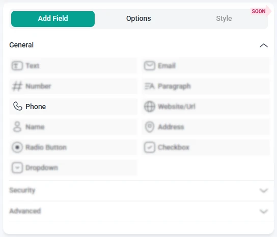 IvyForms field list with the Phone field selected and other fields grayed out in the panel.